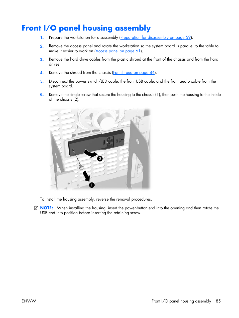 Front i/o panel housing assembly | HP XW3400 User Manual | Page 95 / 182