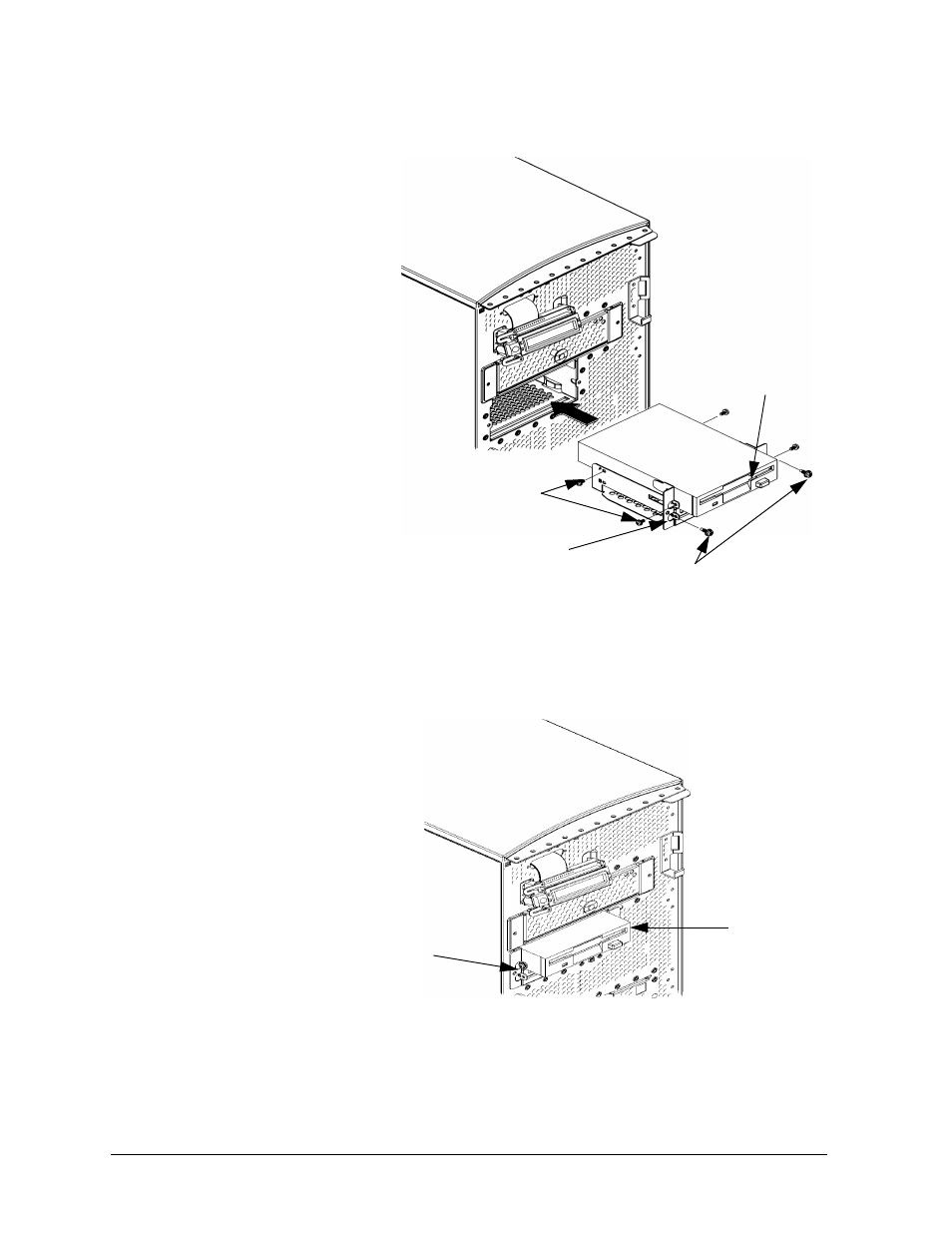 Figure438. installing the floppy disk drive, Tighten the two floppy bracket screws as shown in, Figure439. tightening the bracket screws | HP B1000 User Manual | Page 128 / 239