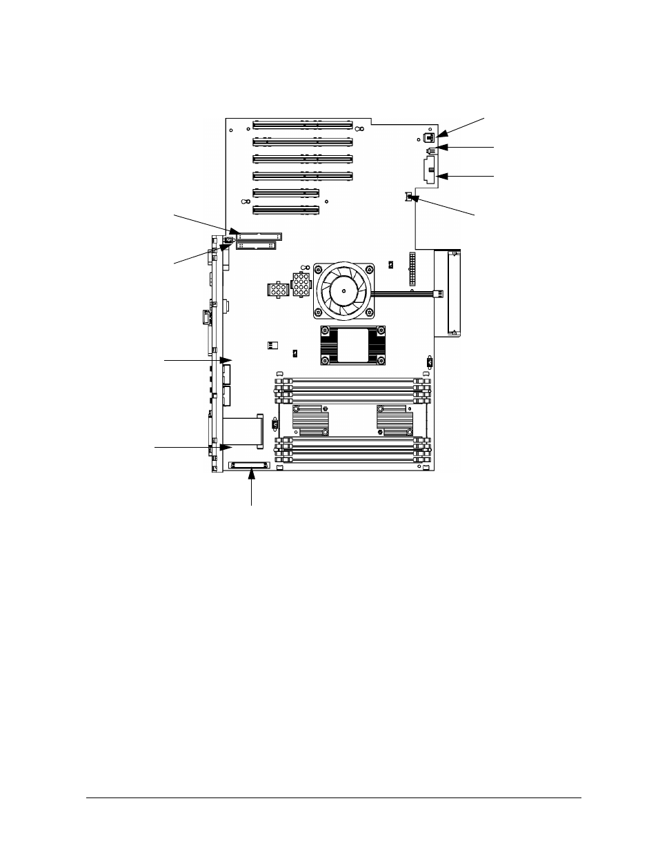 Figure462. installing the system board, Re-attach the cables described in step 7 of, Replace the following components | A. power supply, B. dimm cards, C. hard disk drive fan, D. pci air divider, E. pci cards, F. pci retainer, Figure 4-62.. installing the system board | HP B1000 User Manual | Page 149 / 239