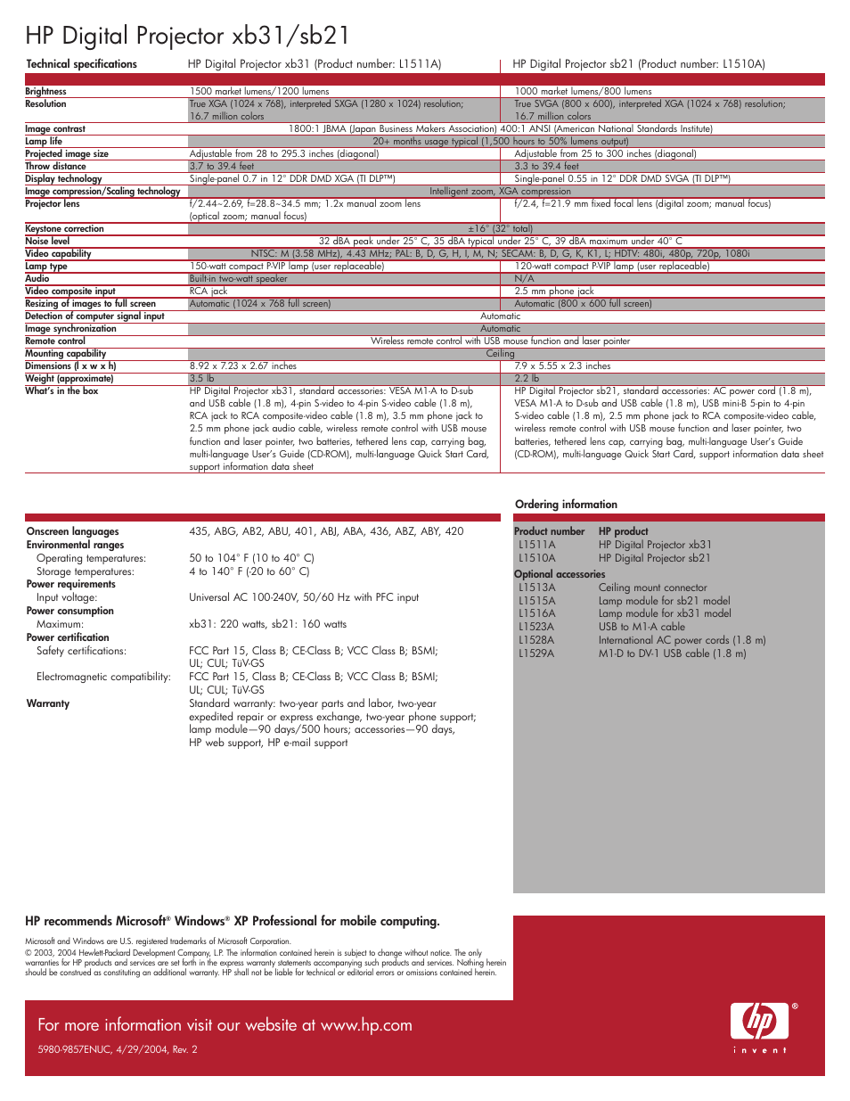 Hp digital projector xb31/sb21 | HP xb31/sb21 User Manual | Page 4 / 4