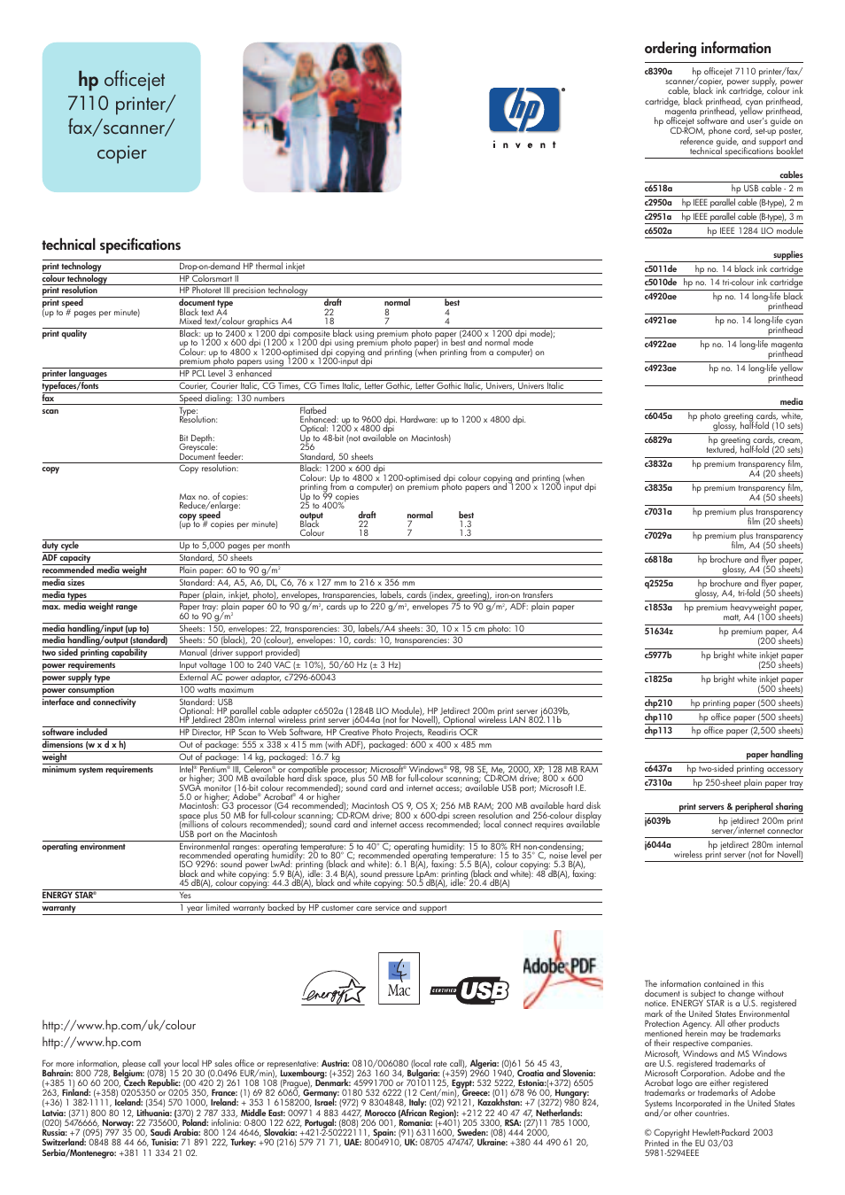 Hp officejet 7110 printer/ fax/scanner/ copier, Technical specifications, Ordering information | HP 7110 User Manual | Page 2 / 2