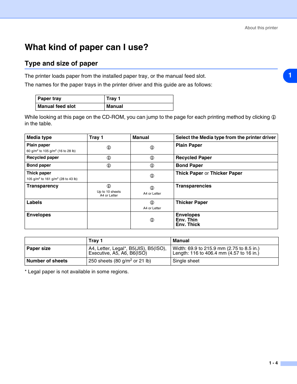 What kind of paper can i use, Type and size of paper, What kind of paper can i use? -4 | Type and size of paper -4 | HP 2070N User Manual | Page 11 / 109