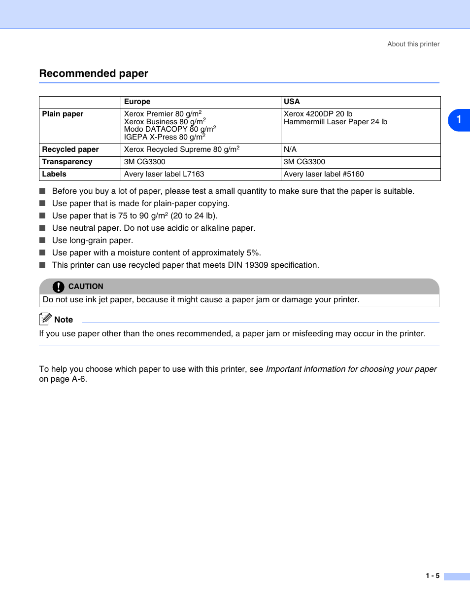 Recommended paper, Recommended paper -5, 1recommended paper | HP 2070N User Manual | Page 12 / 109