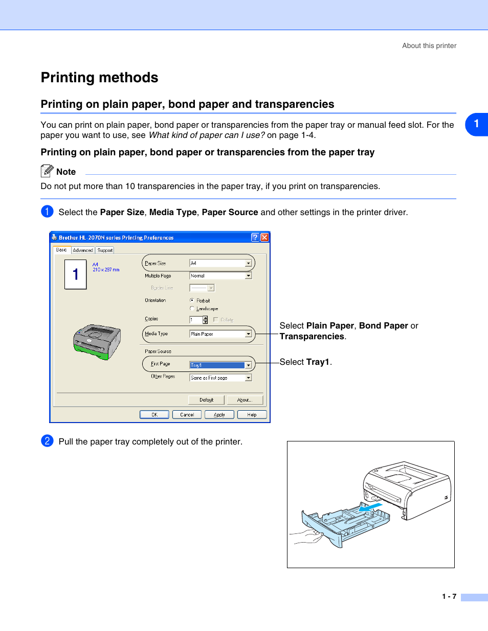 Printing methods, Printing methods -7 | HP 2070N User Manual | Page 14 / 109