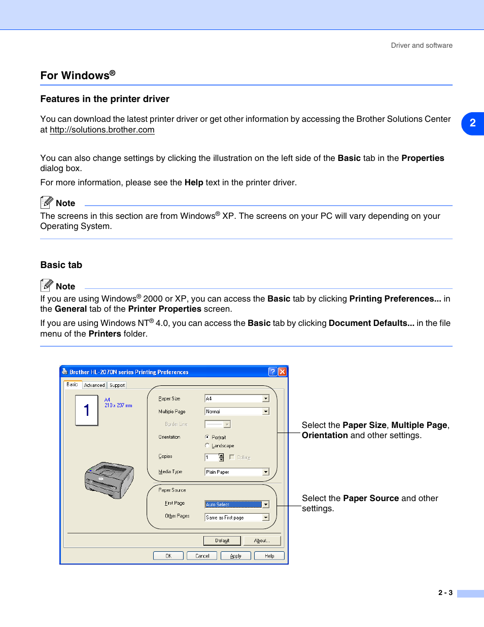 For windows, Features in the printer driver, Features in the printer driver -3 | 2for windows | HP 2070N User Manual | Page 29 / 109