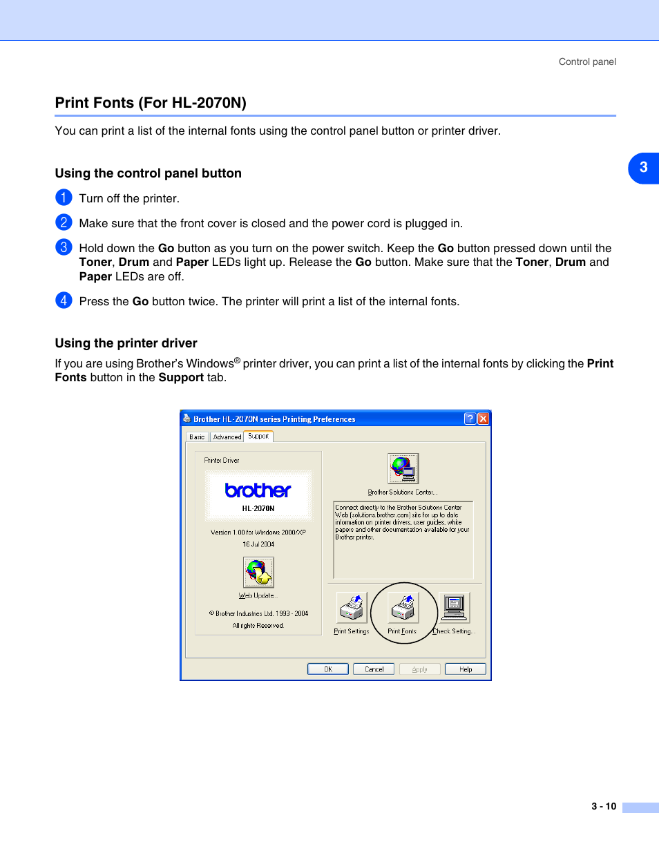 Print fonts (for hl-2070n), Using the control panel button, Using the printer driver | Print fonts (for hl-2070n) -10 | HP 2070N User Manual | Page 53 / 109