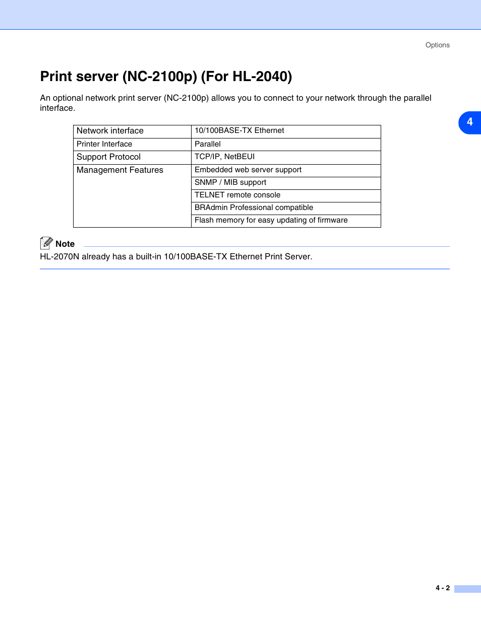 Print server (nc-2100p) (for hl-2040), Print server (nc-2100p) (for hl-2040) -2 | HP 2070N User Manual | Page 56 / 109
