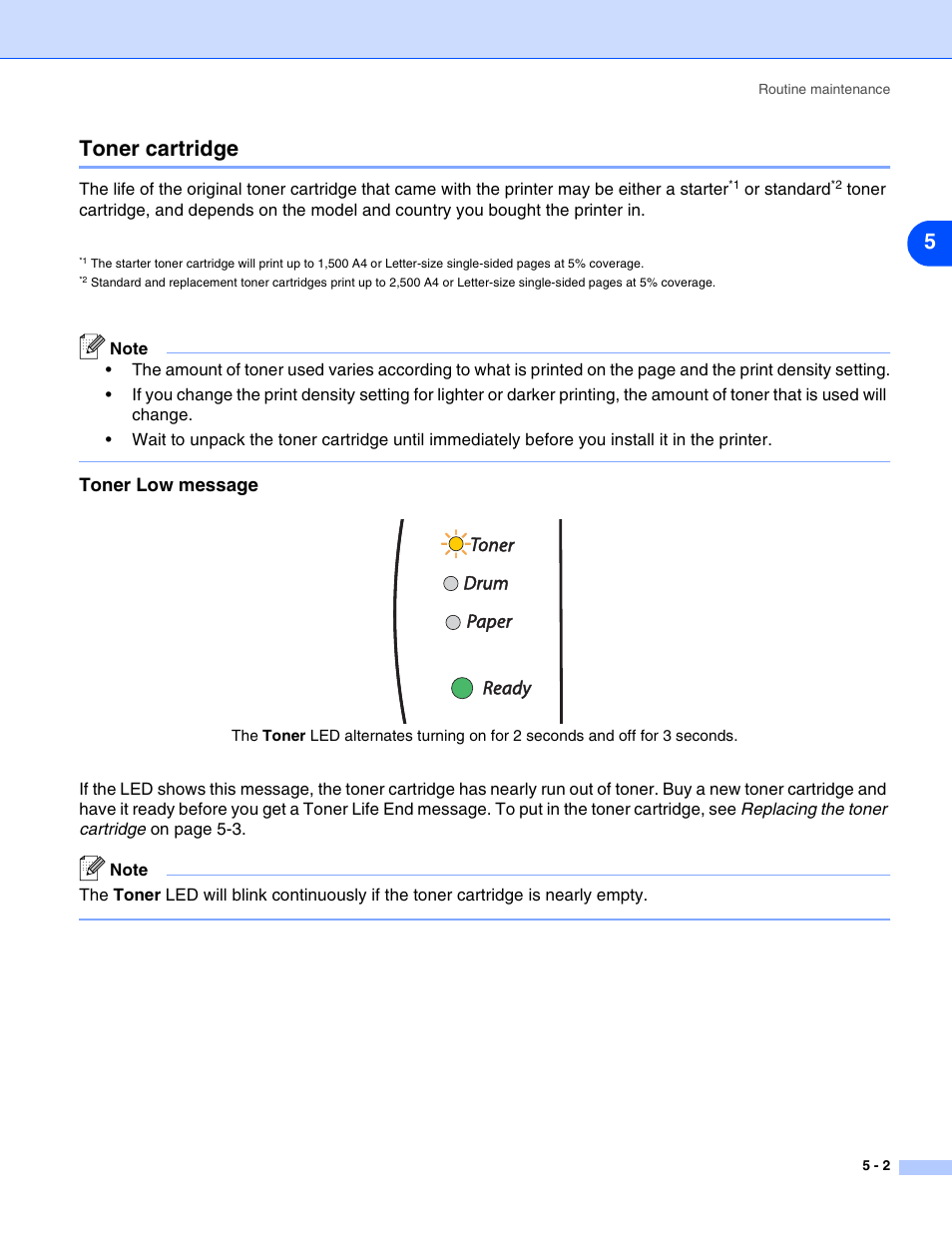 Toner cartridge, Toner low message, Toner cartridge -2 | Toner low message -2, 5toner cartridge | HP 2070N User Manual | Page 58 / 109