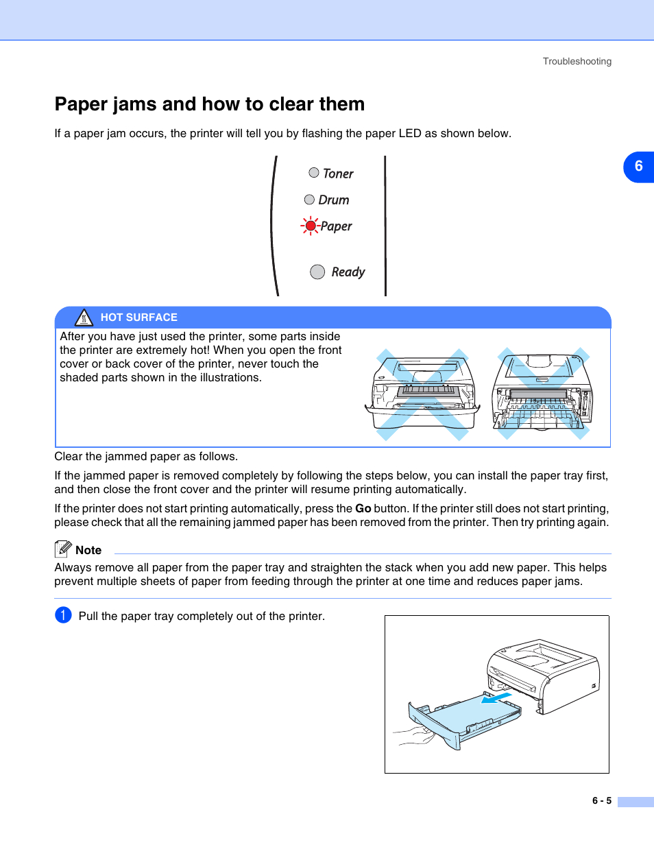 Paper jams and how to clear them, Paper jams and how to clear them -5 | HP 2070N User Manual | Page 76 / 109