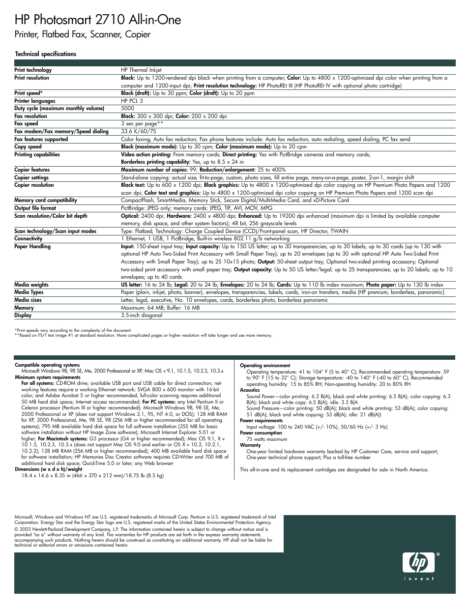 Hp photosmart 2710 all-in-one, Printer, flatbed fax, scanner, copier | HP 2710 User Manual | Page 3 / 4