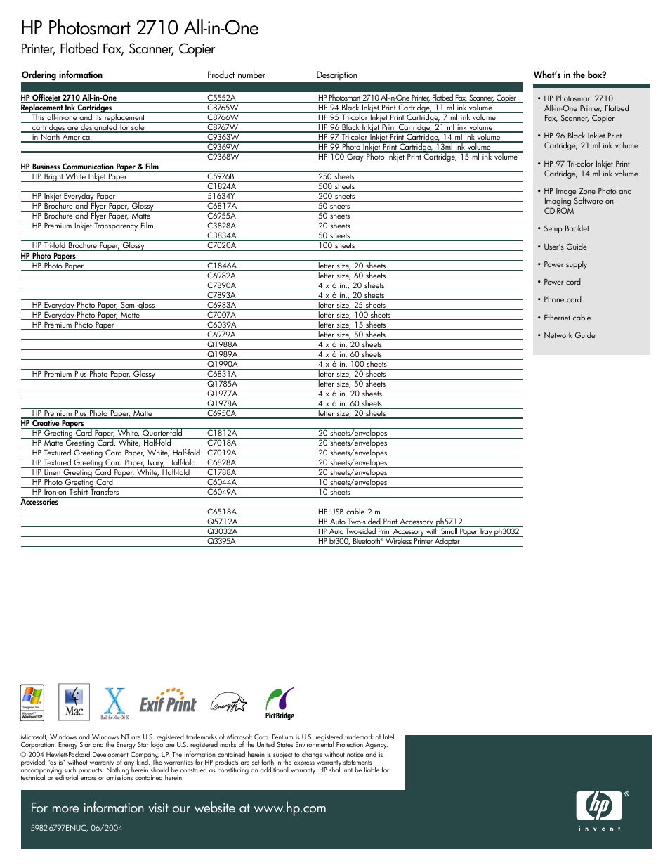 Hp photosmart 2710 all-in-one, Printer, flatbed fax, scanner, copier | HP 2710 User Manual | Page 4 / 4