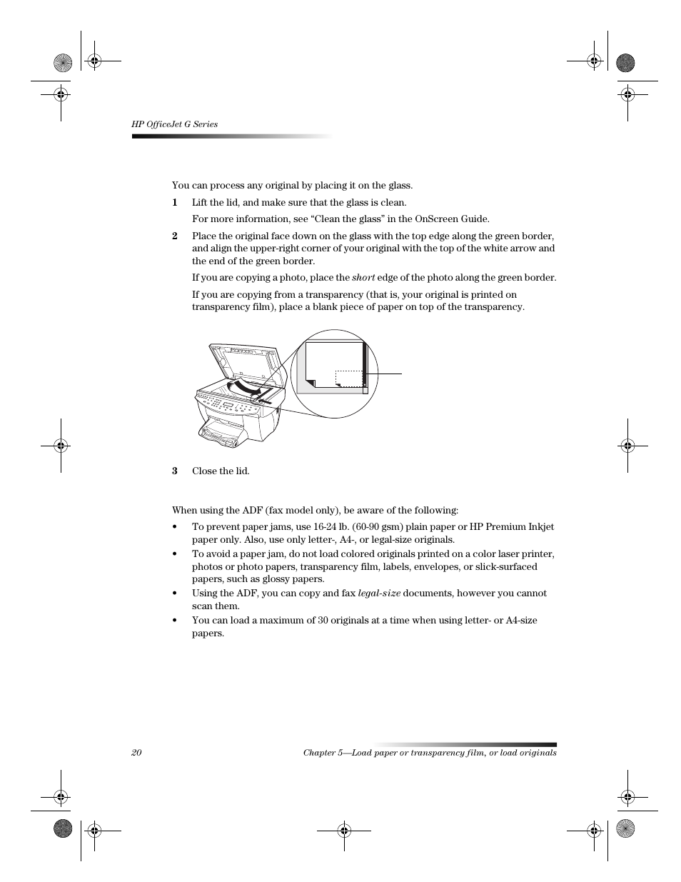 Load originals on the glass | HP C6734A User Manual | Page 24 / 58