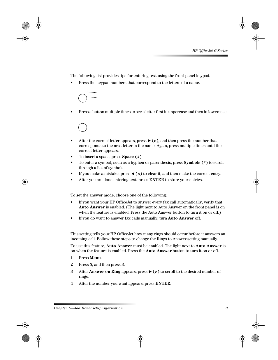 Enter text, Set the answer mode, Set the rings to answer setting | HP C6734A User Manual | Page 7 / 58