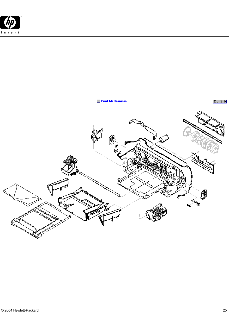 Officejet t65, Hp parts reference guide, Print mechanism (1 of 2) | HP C5374-60004 User Manual | Page 25 / 31