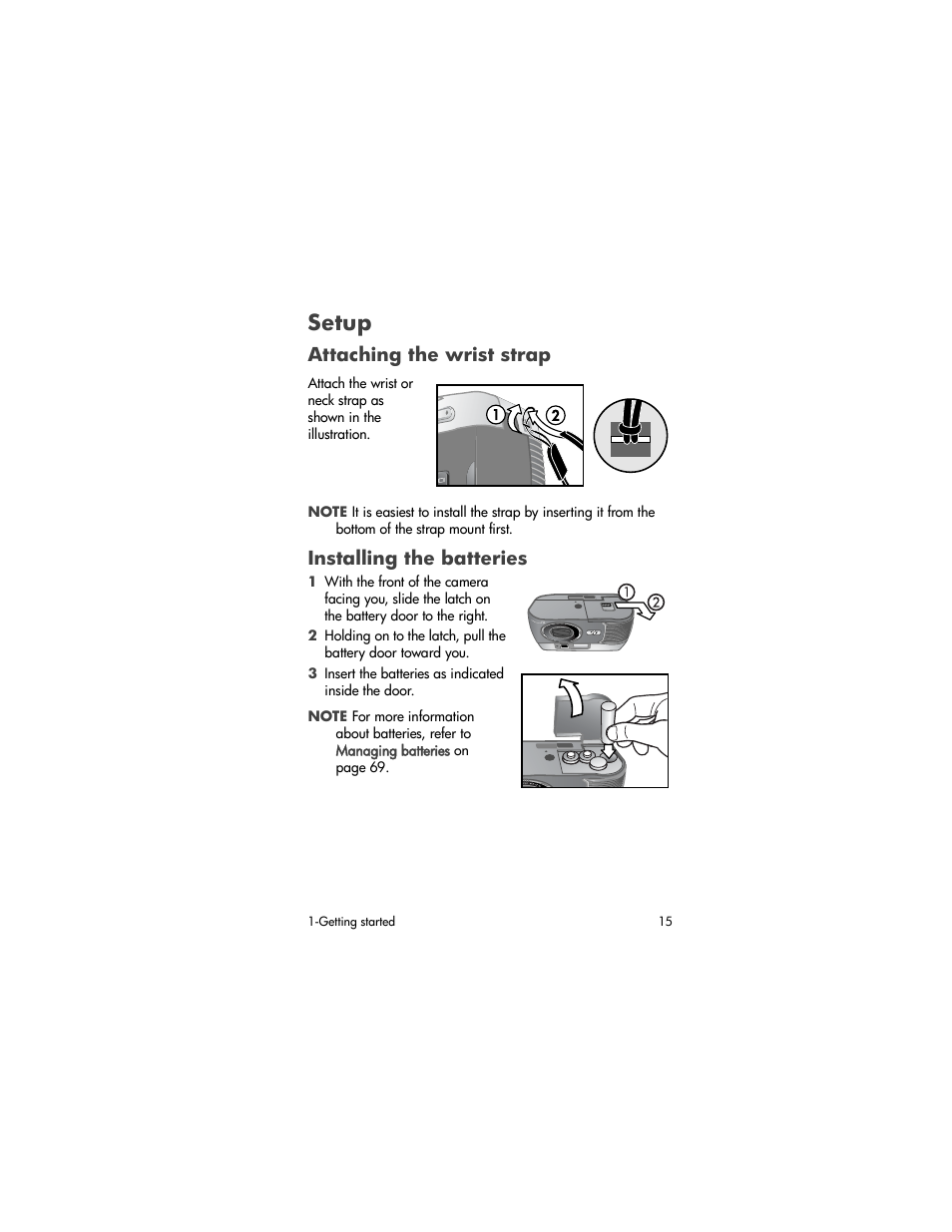 Setup, Attaching the wrist strap, Installing the batteries | HP 720 Series User Manual | Page 15 / 88