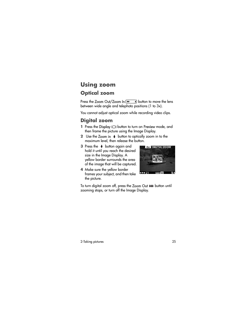 Using zoom, Optical zoom, Digital zoom | HP 720 Series User Manual | Page 25 / 88