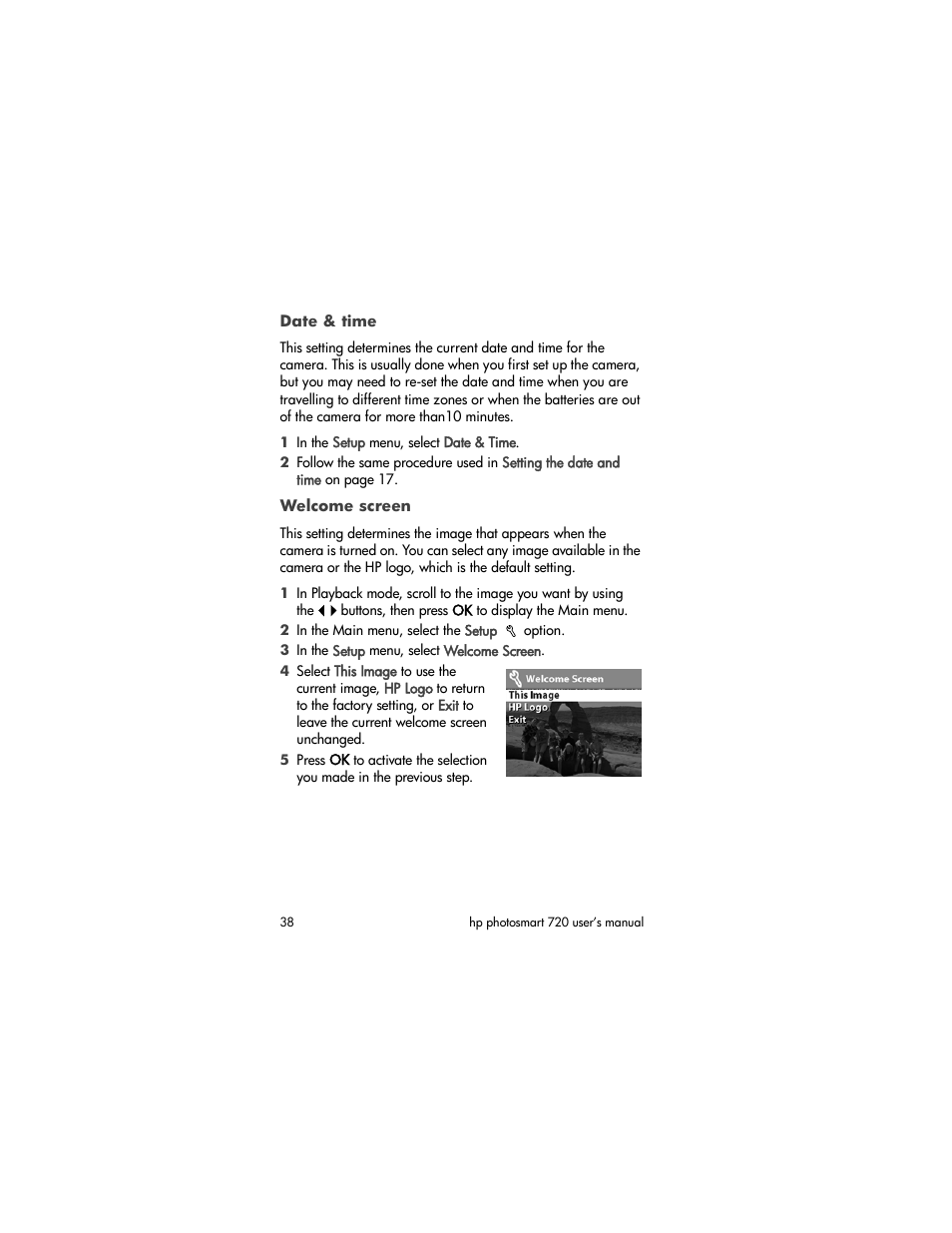 Date & time, Welcome screen | HP 720 Series User Manual | Page 38 / 88