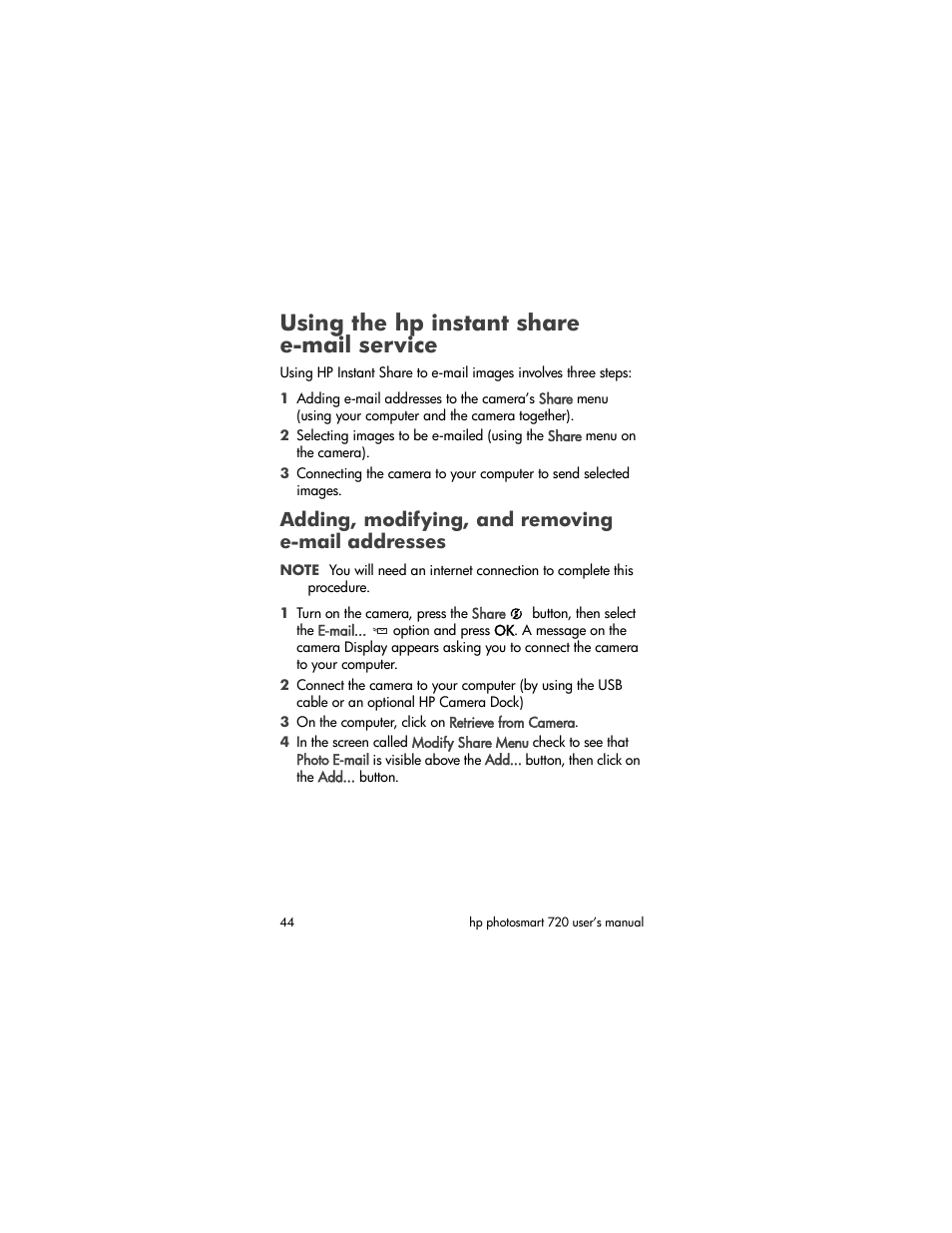 Using the hp instant share email service, Adding, modifying, and removing email addresses, Using the hp instant share e-mail service | Adding, modifying, and removing e-mail addresses | HP 720 Series User Manual | Page 44 / 88