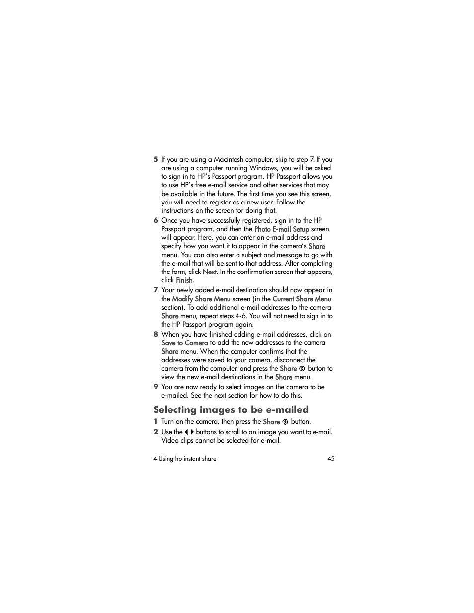 Selecting images to be emailed, Selecting images to be e-mailed | HP 720 Series User Manual | Page 45 / 88