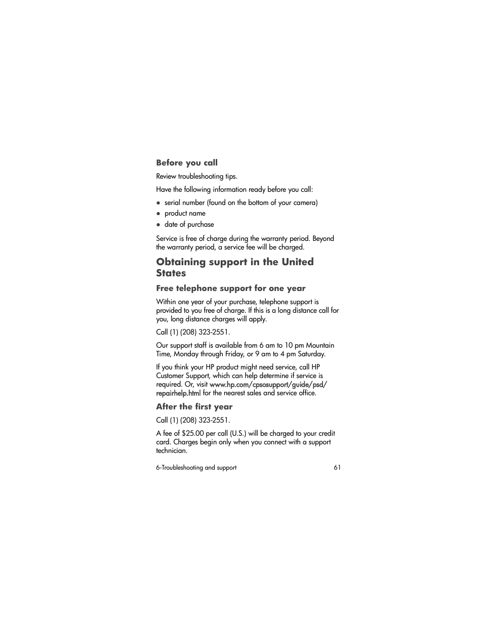 Before you call, Obtaining support in the united states, Free telephone support for one year | After the first year | HP 720 Series User Manual | Page 61 / 88