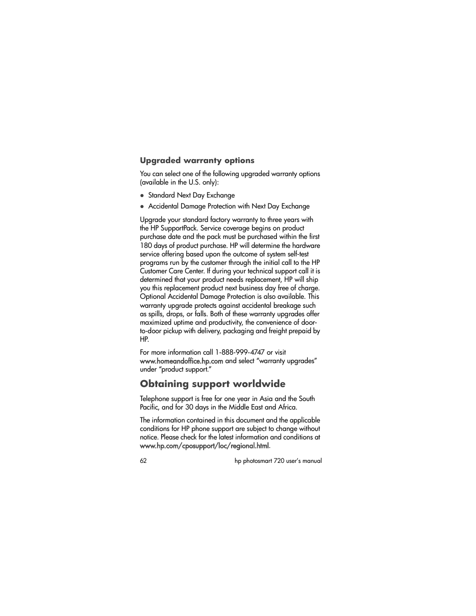 Upgraded warranty options, Obtaining support worldwide | HP 720 Series User Manual | Page 62 / 88