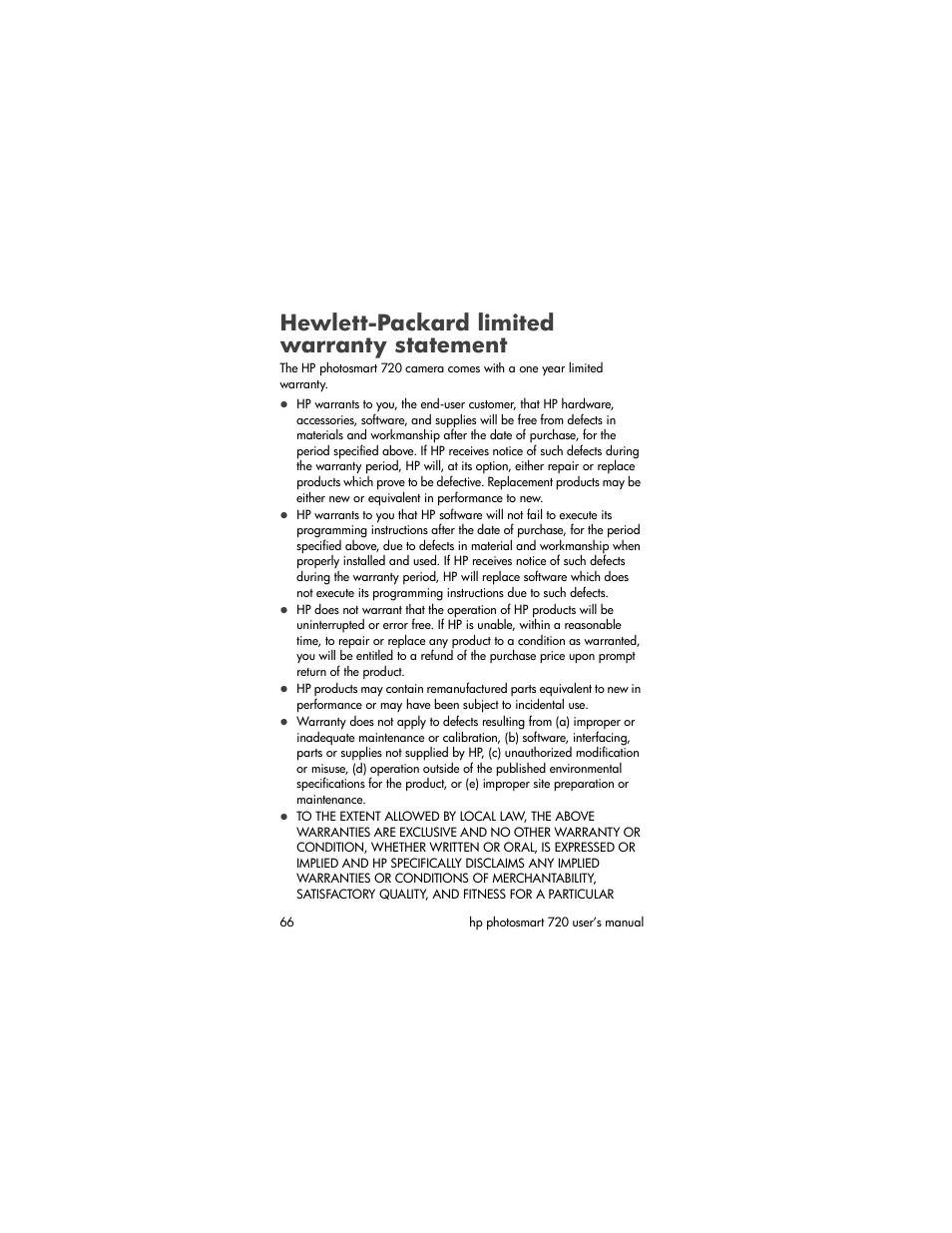 Hewlett-packard limited warranty statement | HP 720 Series User Manual | Page 66 / 88