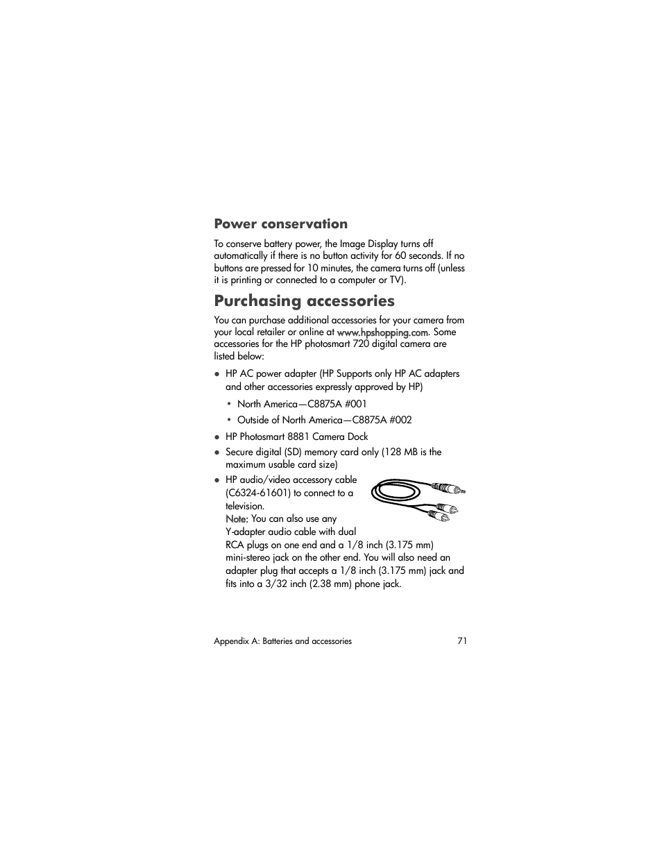 Power conservation, Purchasing accessories | HP 720 Series User Manual | Page 71 / 88