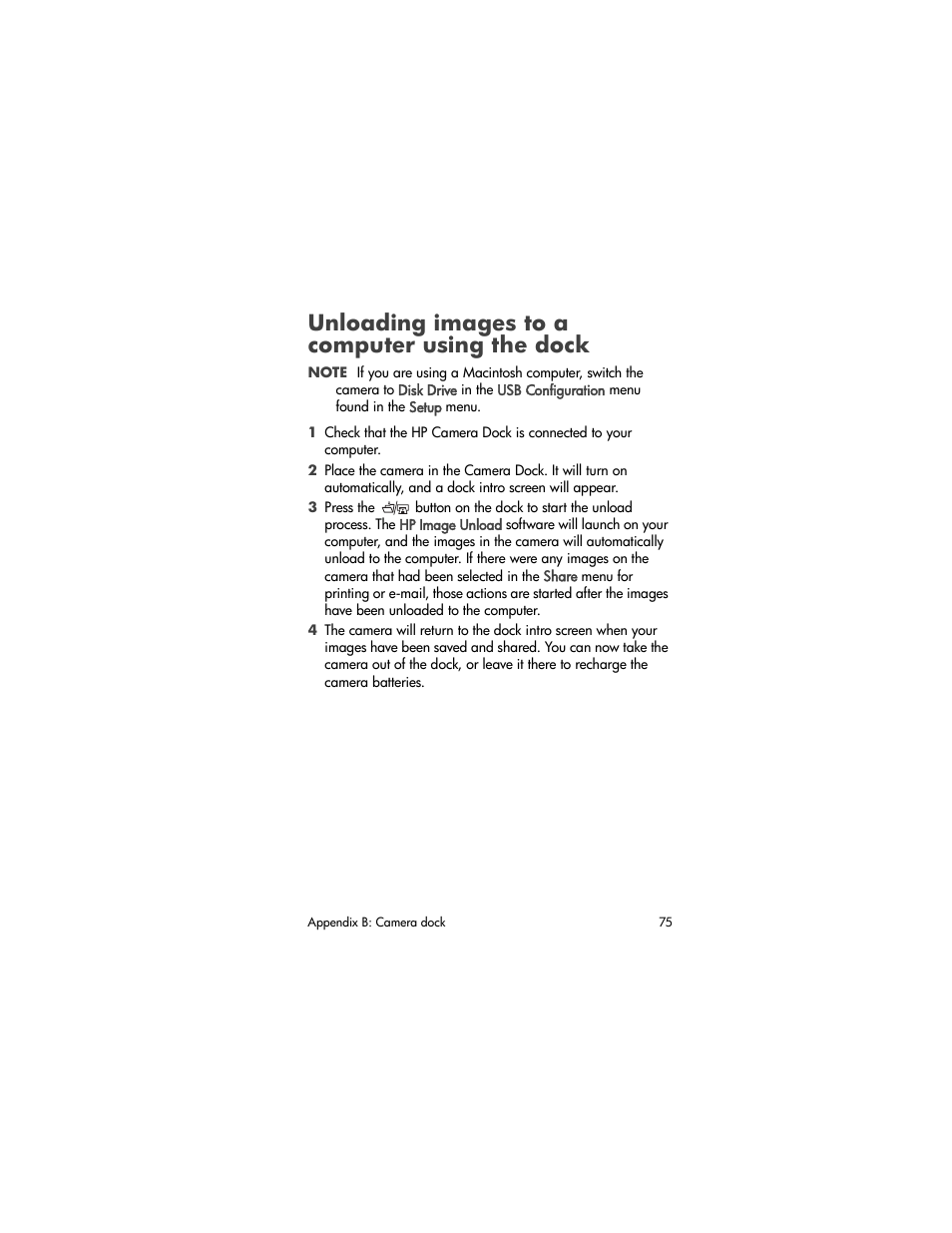 Unloading images to a computer using the dock | HP 720 Series User Manual | Page 75 / 88