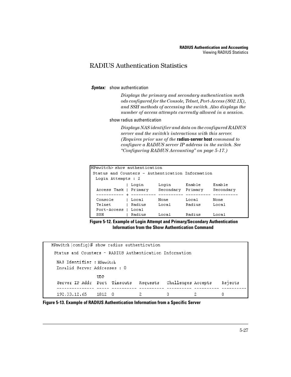 Radius authentication statistics, Radius authentication statistics -27 | HP 2800 User Manual | Page 127 / 300