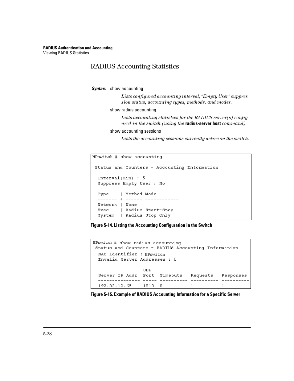 Radius accounting statistics, Radius accounting statistics -28 | HP 2800 User Manual | Page 128 / 300