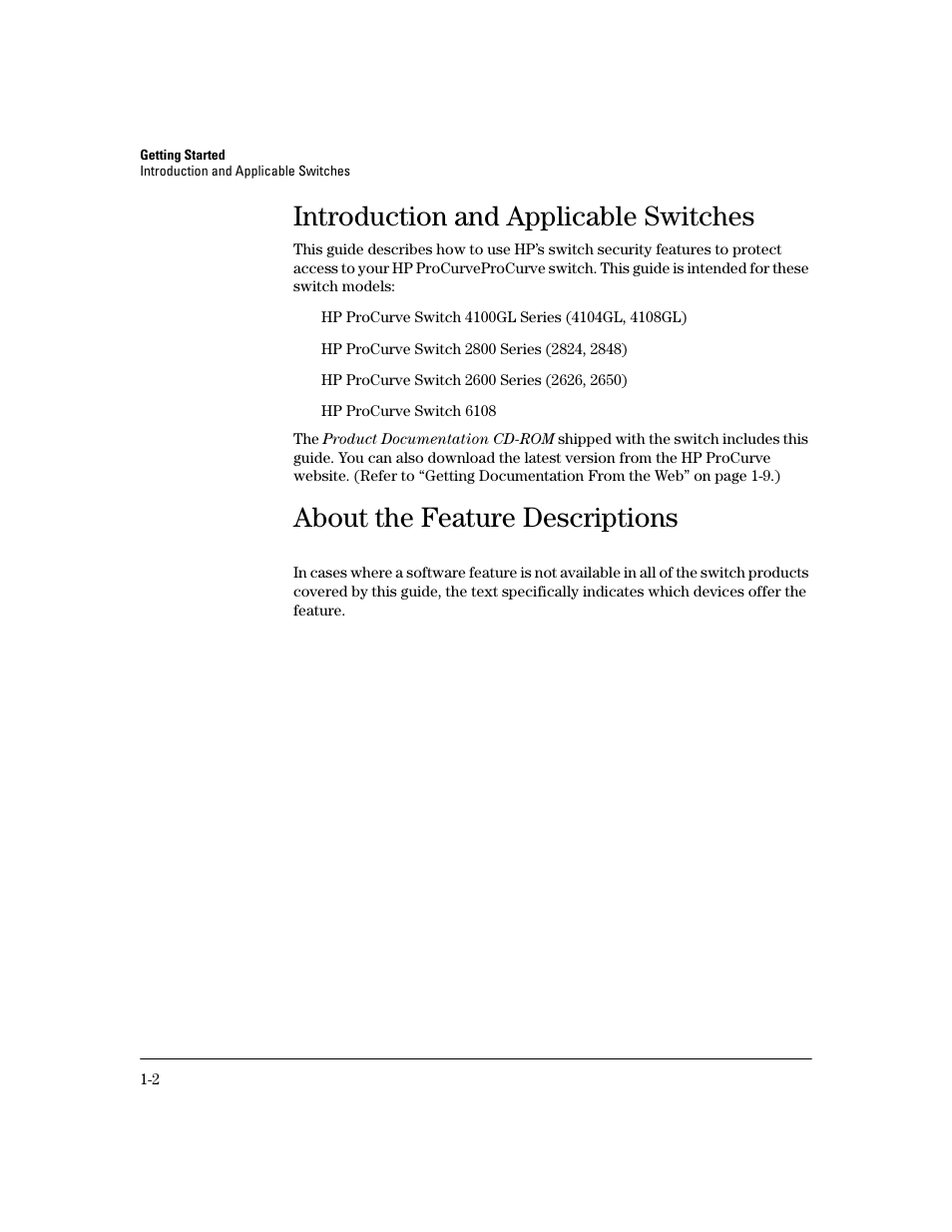 Introduction and applicable switches, About the feature descriptions, Introduction and applicable switches -2 | About the feature descriptions -2 | HP 2800 User Manual | Page 14 / 300