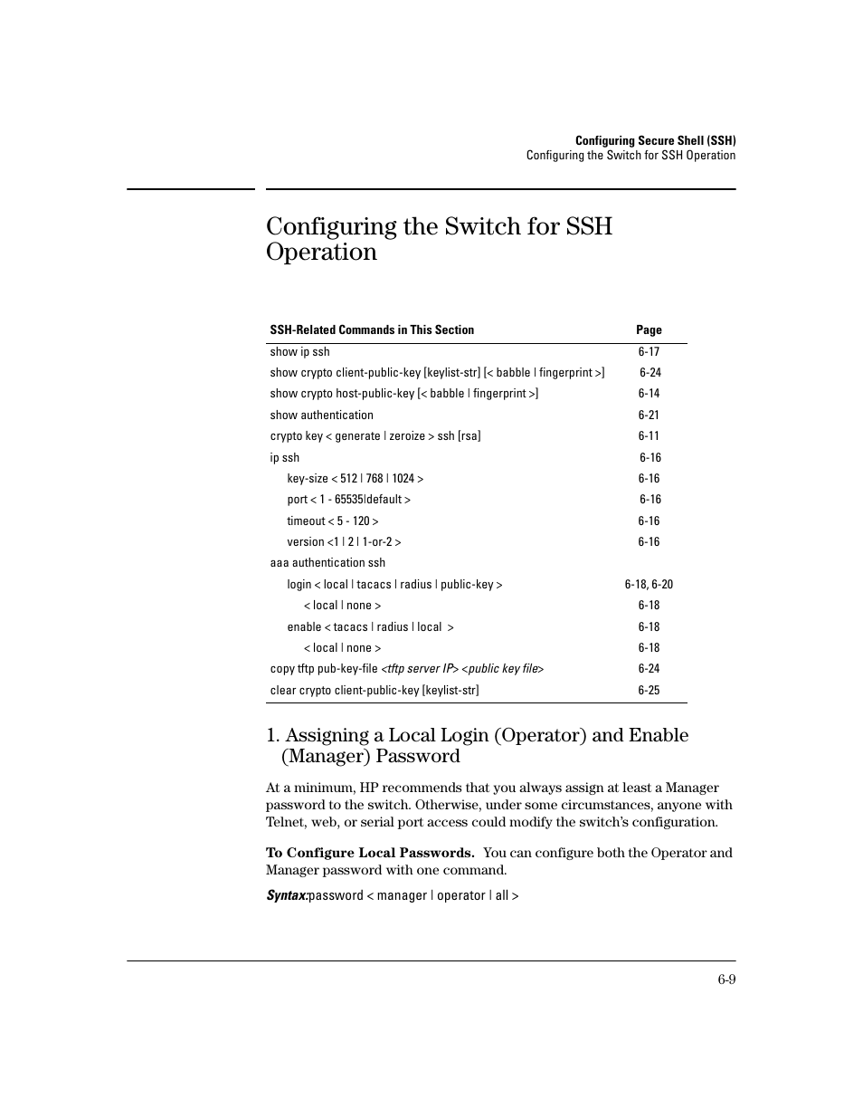 Configuring the switch for ssh operation, To configure local passwords, Configuring the switch for ssh operation -9 | E 6-9 | HP 2800 User Manual | Page 141 / 300