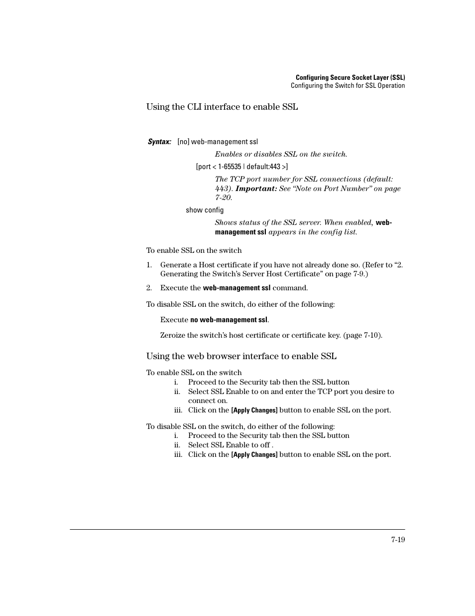 Using the cli interface to enable ssl, Using the web browser interface to enable ssl | HP 2800 User Manual | Page 179 / 300