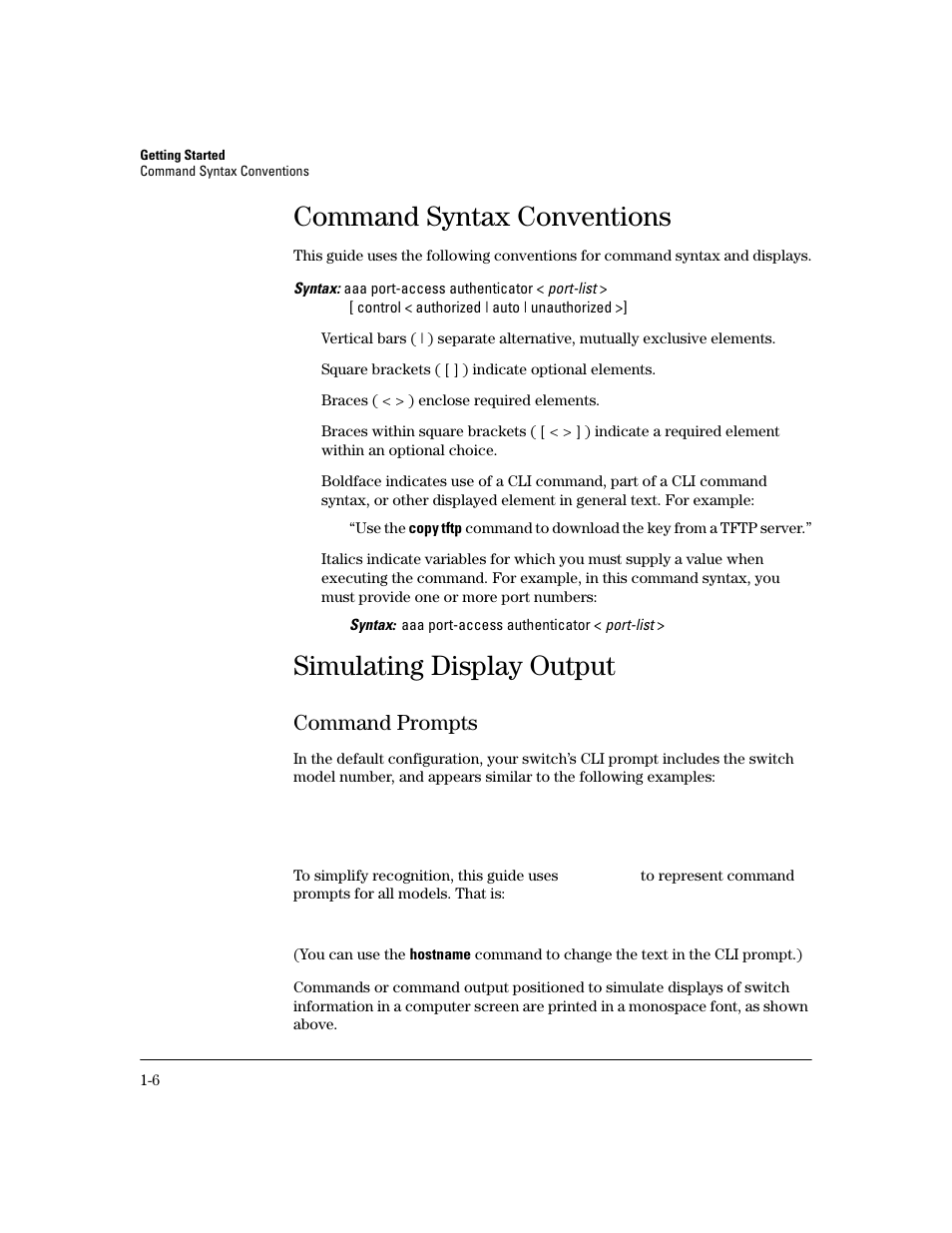 Command syntax conventions, Simulating display output, Command prompts | Command syntax conventions -6, Simulating display output -6, Command prompts -6 | HP 2800 User Manual | Page 18 / 300