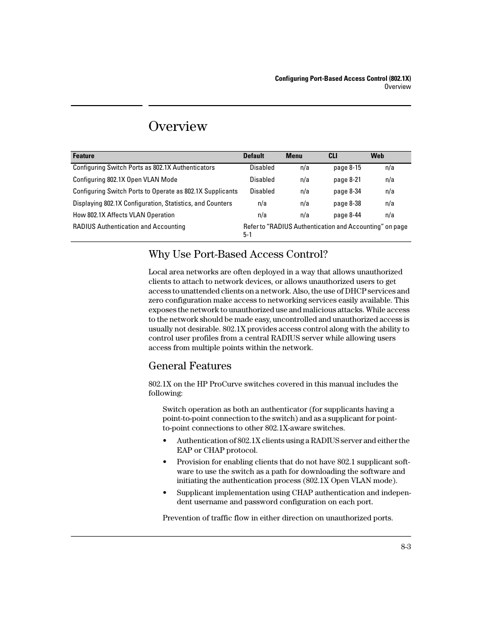 Overview, Why use port-based access control, General features | Overview -3, Why use port-based access control? -3, General features -3 | HP 2800 User Manual | Page 185 / 300