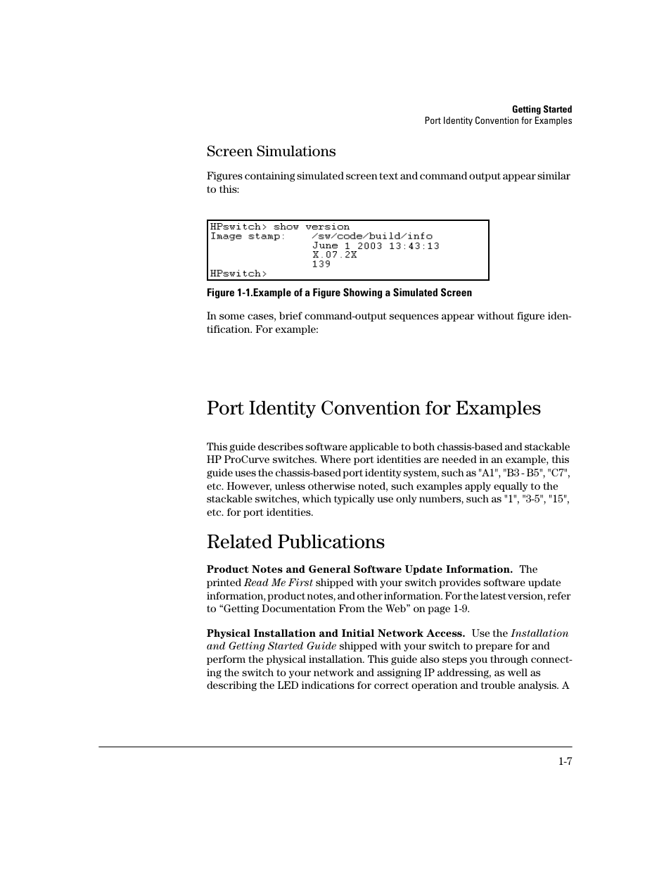 Screen simulations, Port identity convention for examples, Related publications | Physical installation and initial network access, Screen simulations -7, Port identity convention for examples -7, Related publications -7 | HP 2800 User Manual | Page 19 / 300