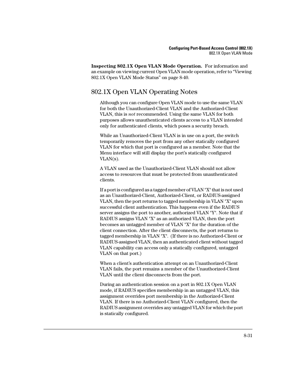 Inspecting 802.1x open vlan mode operation, 1x open vlan operating notes, 1x open vlan operating notes -31 | HP 2800 User Manual | Page 213 / 300