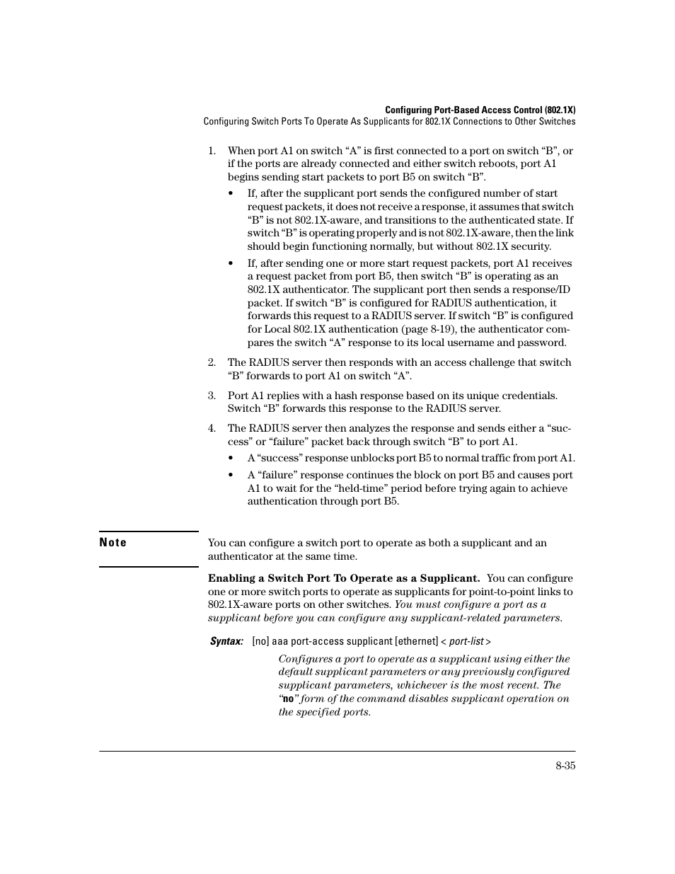 Enabling a switch port to operate as a supplicant, E 8-35 | HP 2800 User Manual | Page 217 / 300