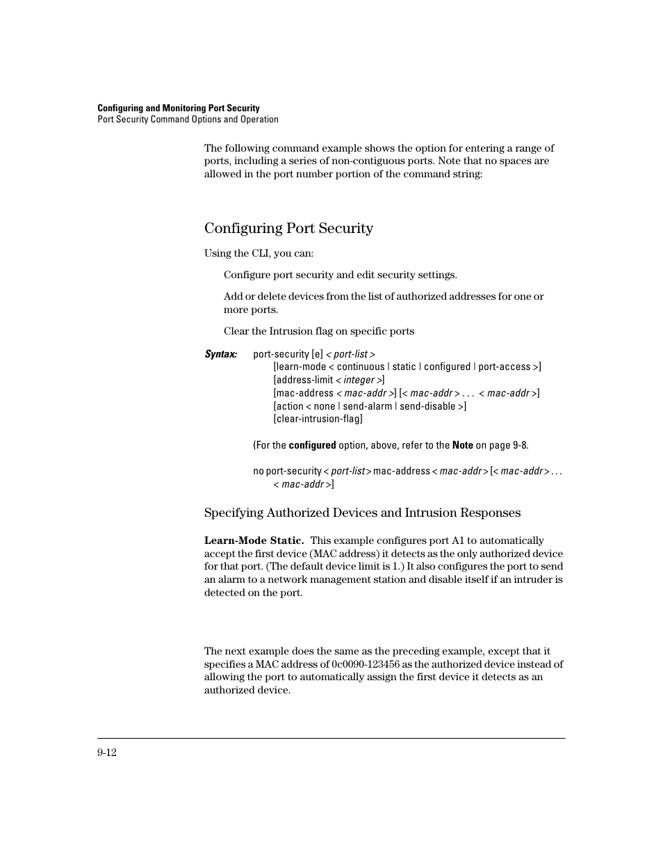 Configuring port security, Learn-mode static, Configuring port security -12 | Rt-security 9-12 | HP 2800 User Manual | Page 242 / 300