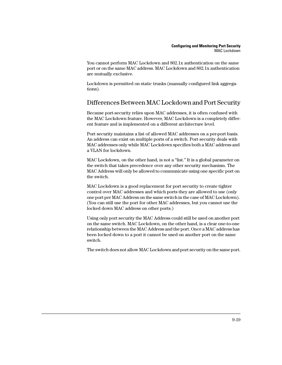 Differences between mac lockdown and port security | HP 2800 User Manual | Page 249 / 300