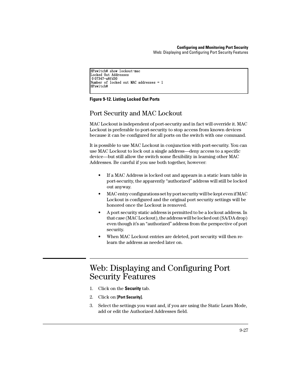 Port security and mac lockout, Port security and mac lockout -27 | HP 2800 User Manual | Page 257 / 300