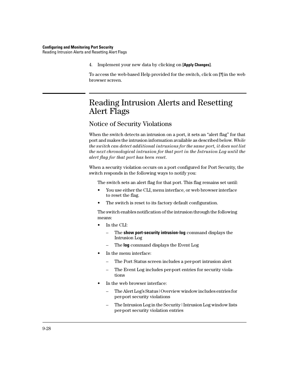Reading intrusion alerts and resetting alert flags, Notice of security violations, Notice of security violations -28 | HP 2800 User Manual | Page 258 / 300