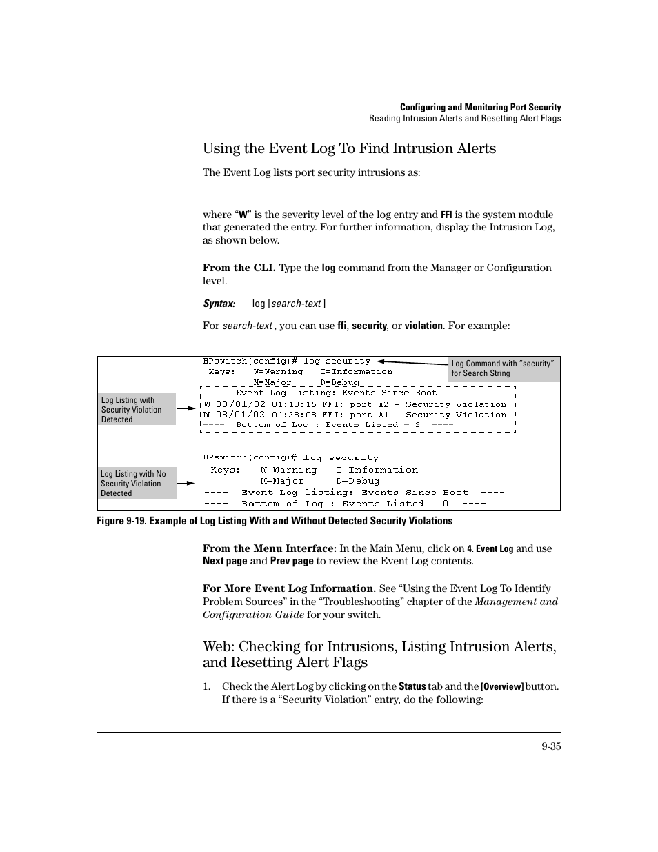 Using the event log to find intrusion alerts, From the cli, From the menu interface | For more event log information, Using the event log to find intrusion alerts -35 | HP 2800 User Manual | Page 265 / 300