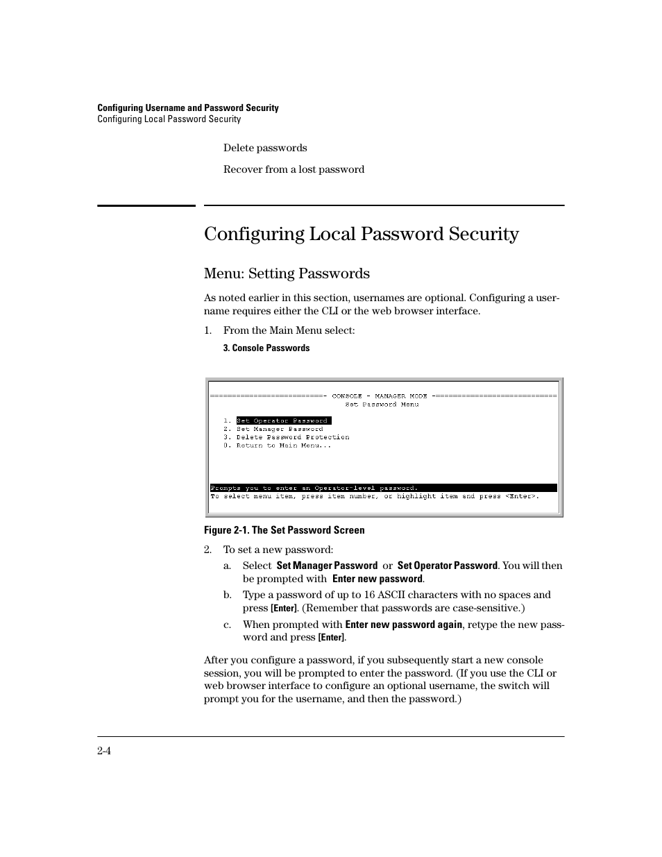 Configuring local password security, Menu: setting passwords, Configuring local password security -4 | Menu: setting passwords -4 | HP 2800 User Manual | Page 28 / 300