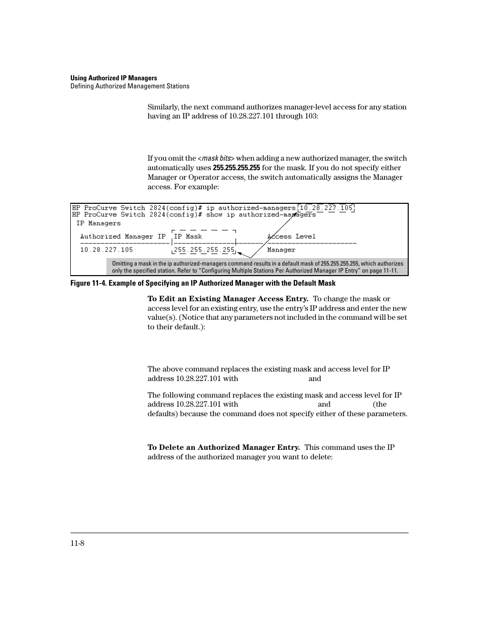 To edit an existing manager access entry, To delete an authorized manager entry | HP 2800 User Manual | Page 286 / 300