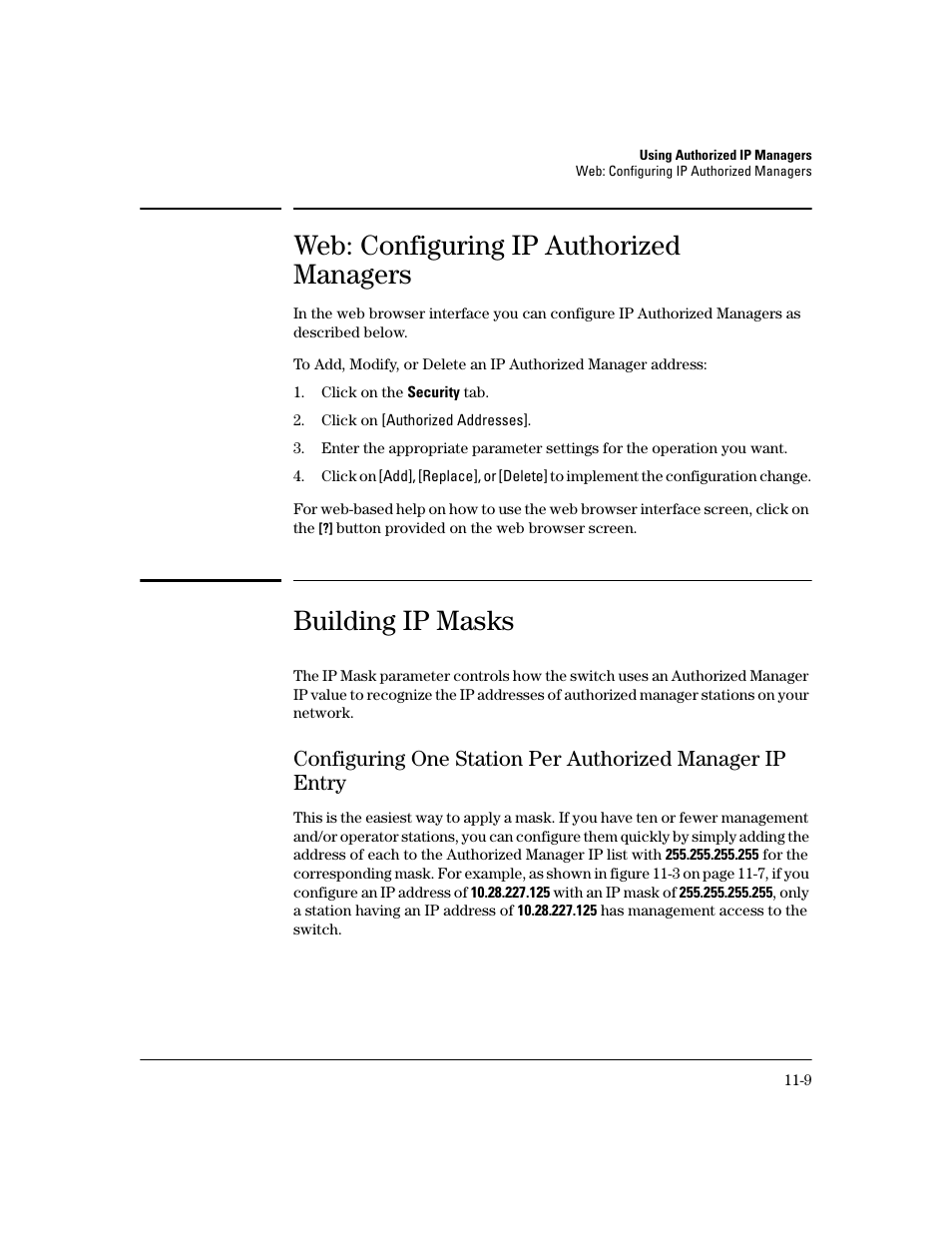 Web: configuring ip authorized managers, Building ip masks, Web: configuring ip authorized managers -9 | Building ip masks -9 | HP 2800 User Manual | Page 287 / 300