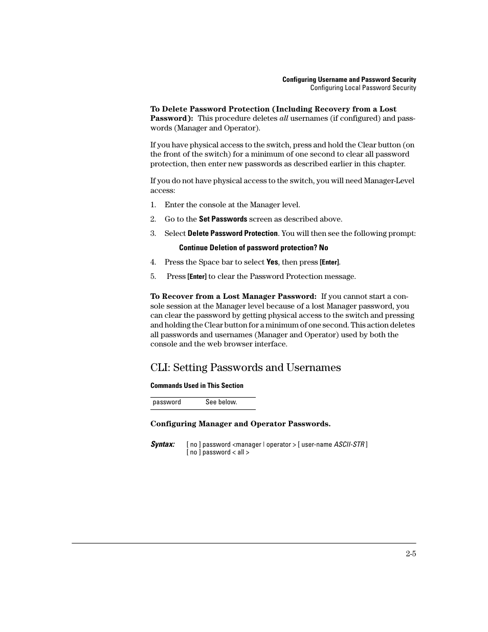 To recover from a lost manager password, Cli: setting passwords and usernames, Configuring manager and operator passwords | Cli: setting passwords and usernames -5 | HP 2800 User Manual | Page 29 / 300