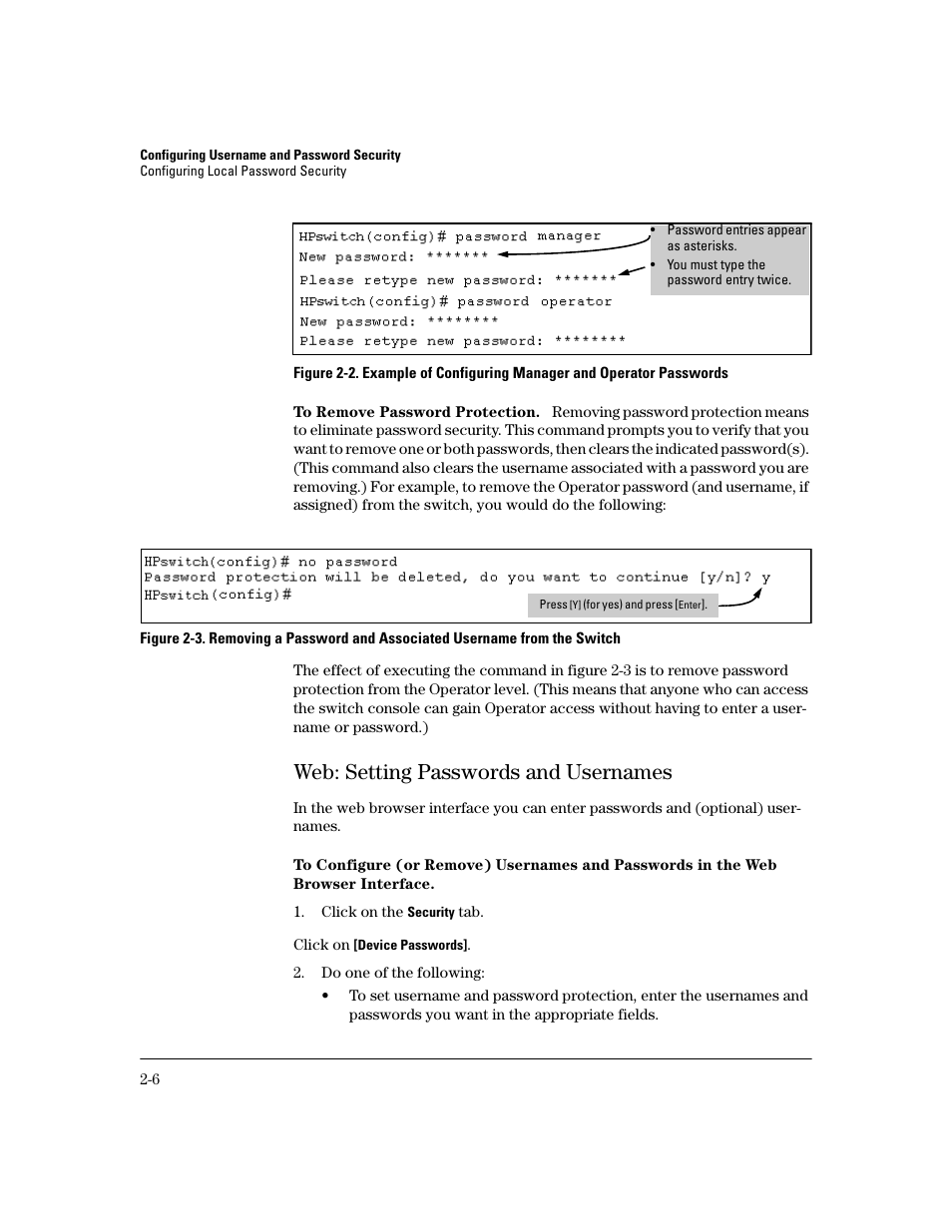To remove password protection, Web: setting passwords and usernames, Web: setting passwords and usernames -6 | HP 2800 User Manual | Page 30 / 300