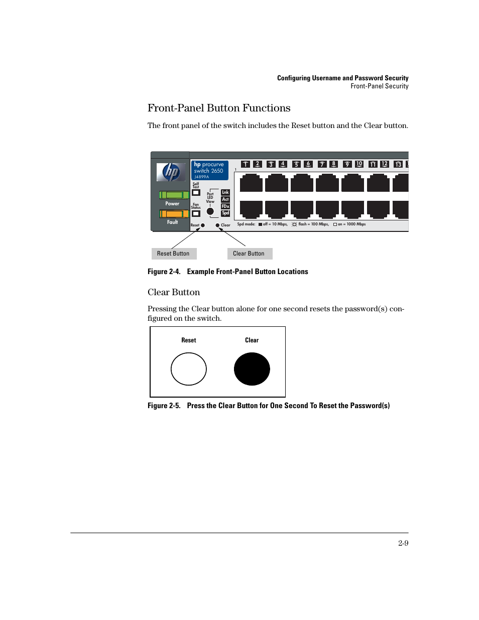 Front-panel button functions, Clear button, Front-panel button functions -9 | Figure 2-4. example front-panel button locations, Reset clear | HP 2800 User Manual | Page 33 / 300