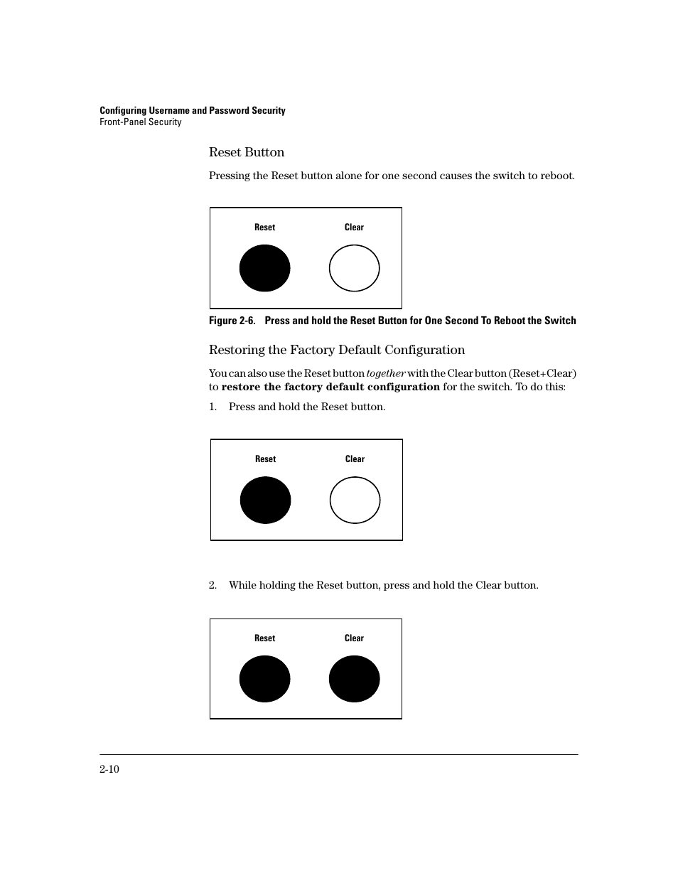 Reset button, Restoring the factory default configuration | HP 2800 User Manual | Page 34 / 300